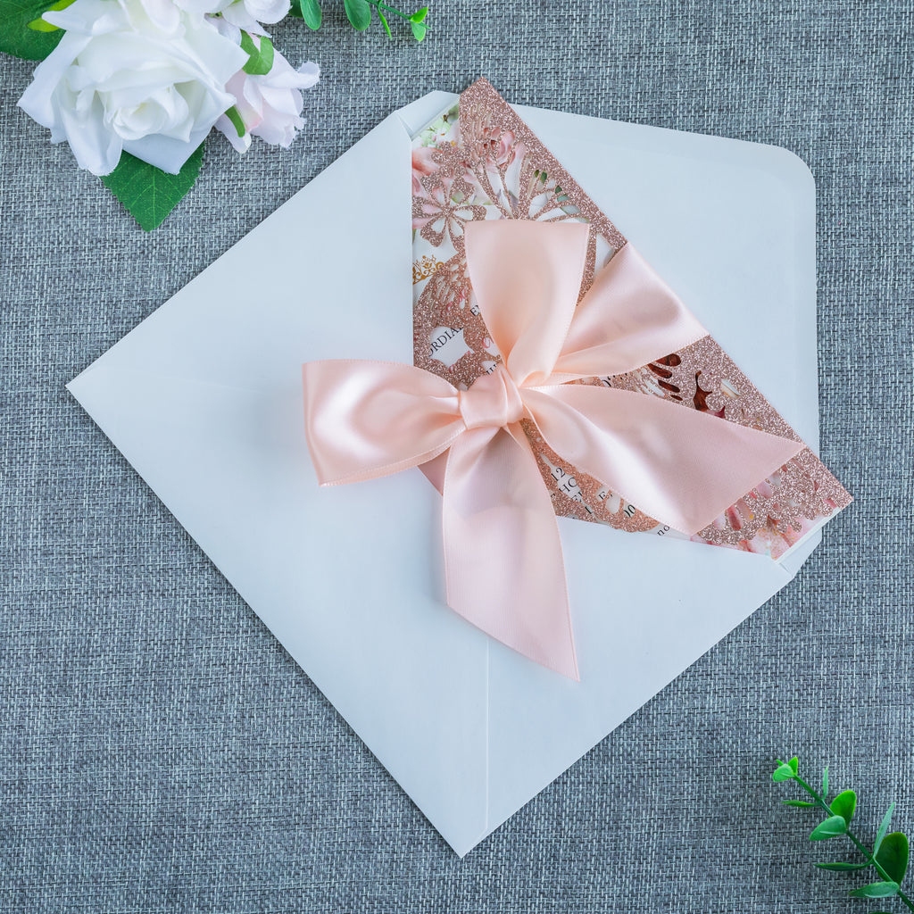PONATIA Rose Gold Glitter Butterfly Quinceanera Invitation, Laser Cut Wedding Invitation Cards with Envelopes