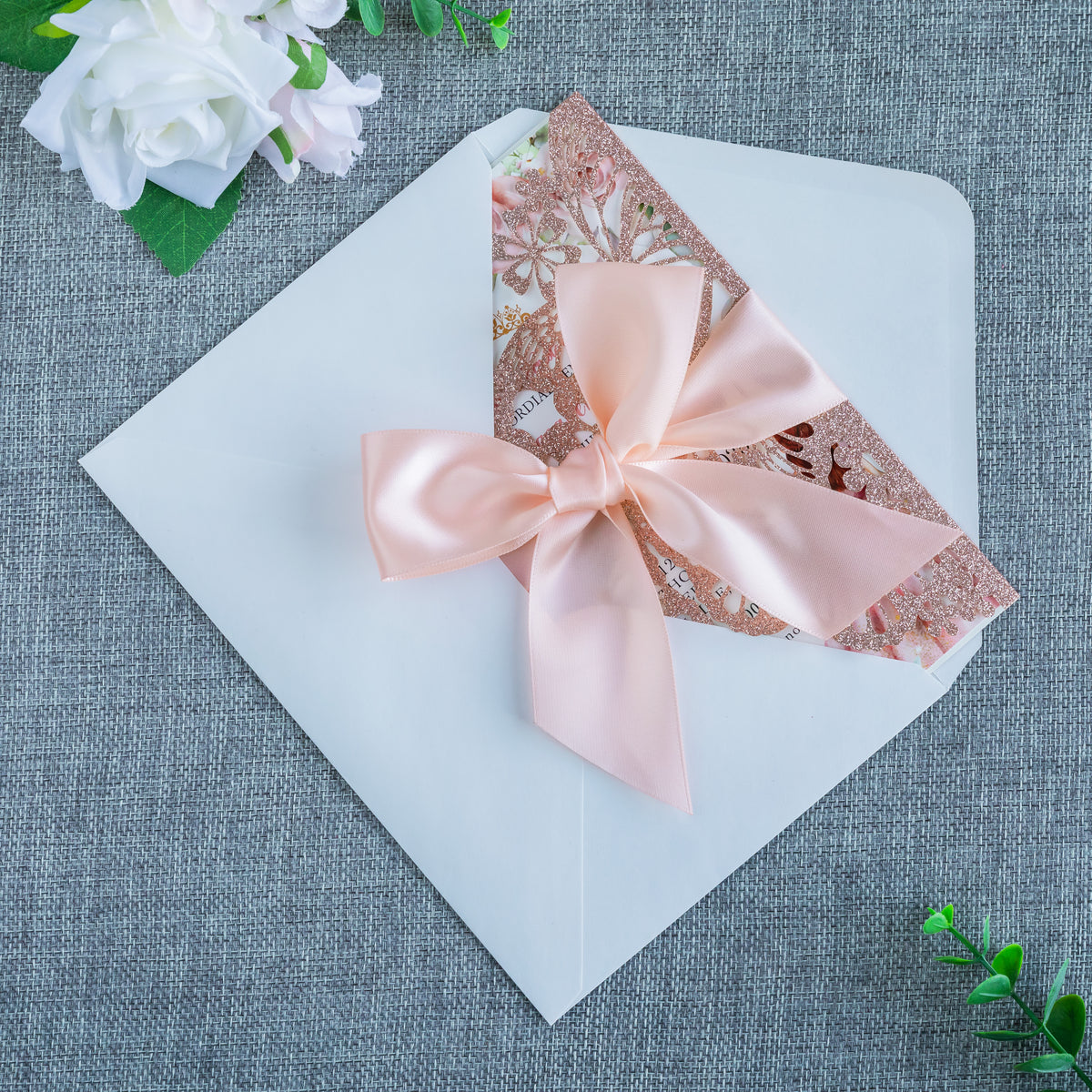 PONATIA Rose Gold Glitter Butterfly Quinceanera Invitation, Laser Cut Wedding Invitation Cards with Envelopes