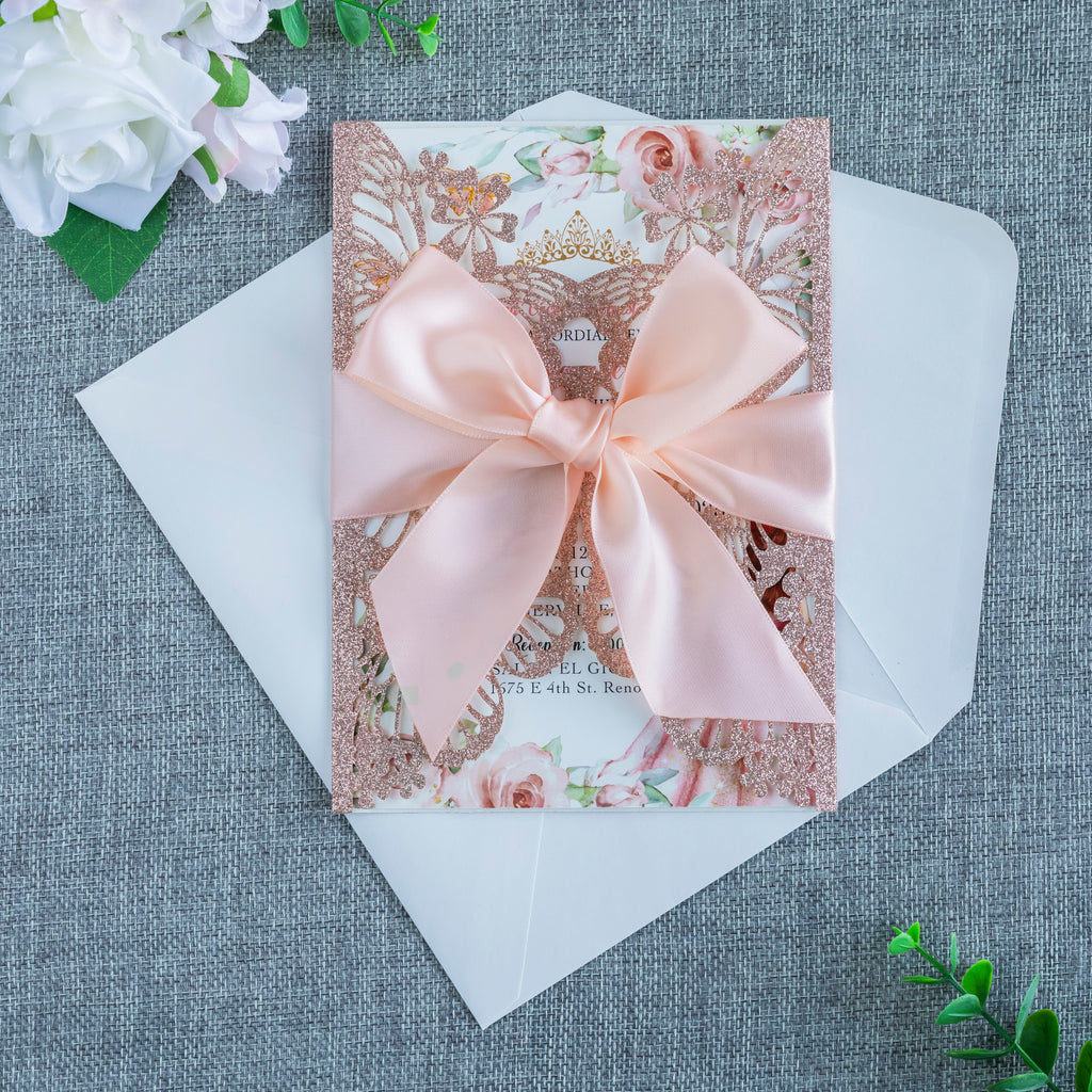 PONATIA Rose Gold Glitter Butterfly Quinceanera Invitation, Laser Cut Wedding Invitation Cards with Envelopes