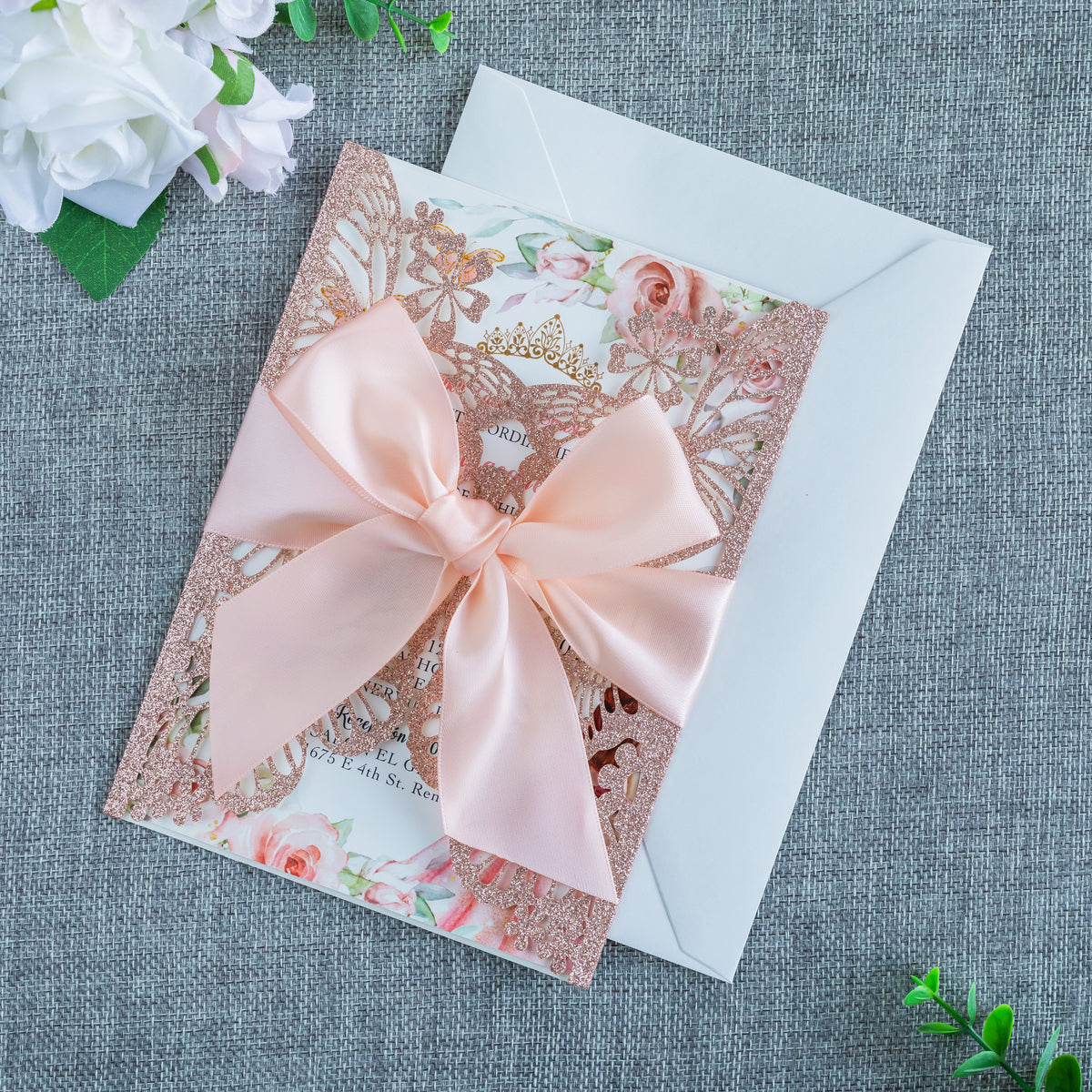 PONATIA Rose Gold Glitter Butterfly Quinceanera Invitation, Laser Cut Wedding Invitation Cards with Envelopes