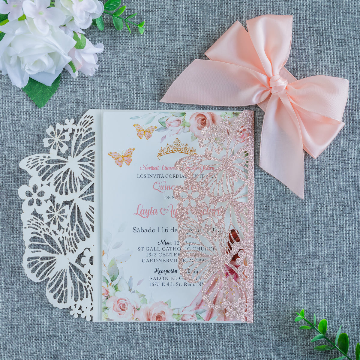 PONATIA Rose Gold Glitter Butterfly Quinceanera Invitation, Laser Cut Wedding Invitation Cards with Envelopes