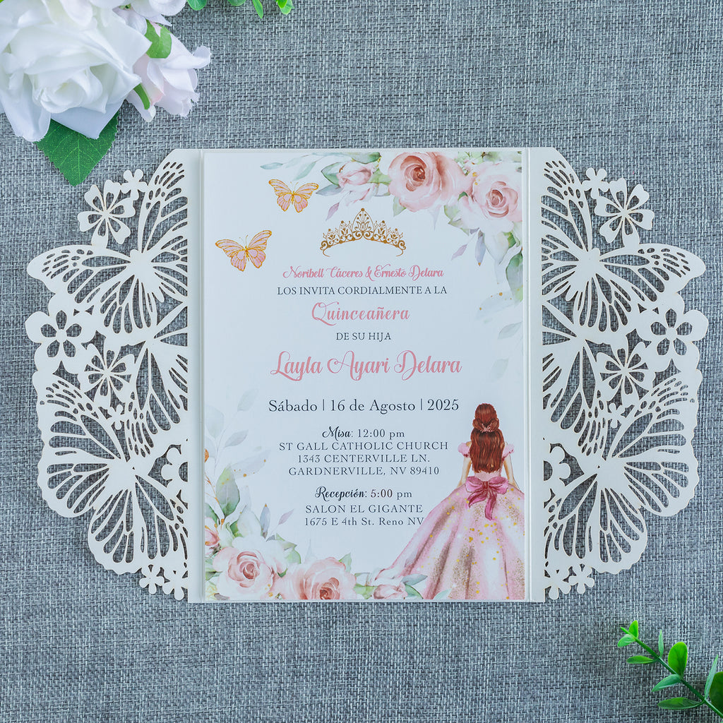 PONATIA Rose Gold Glitter Butterfly Quinceanera Invitation, Laser Cut Wedding Invitation Cards with Envelopes