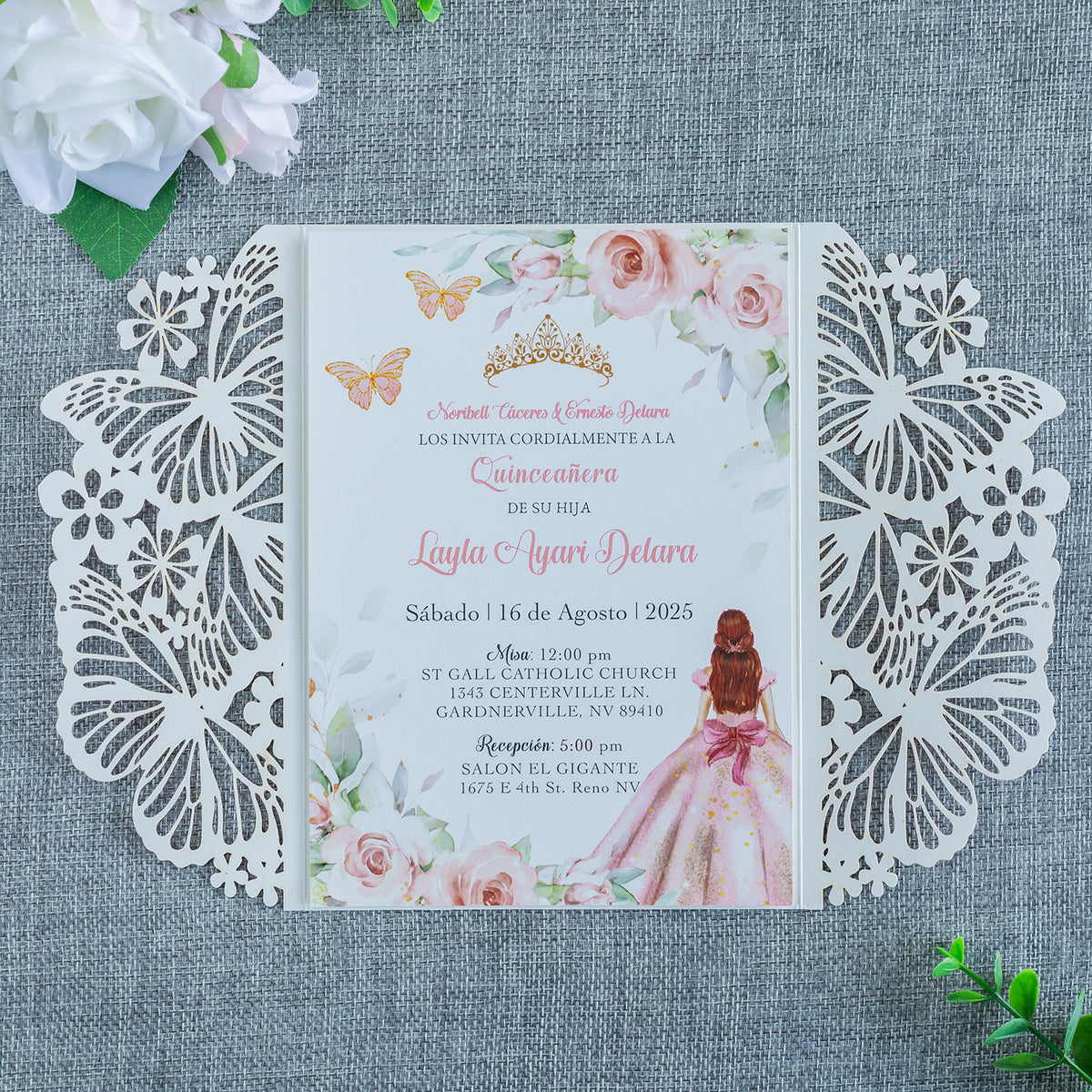 PONATIA Rose Gold Glitter Butterfly Quinceanera Invitation, Laser Cut Wedding Invitation Cards with Envelopes