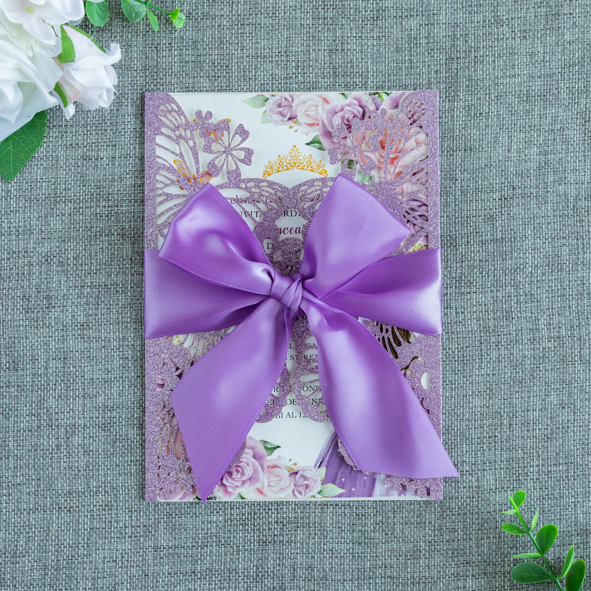 PONATIA Purple Glitter Butterfly Quinceanera Invitation, Laser Cut Wedding Invitation Cards with Envelopes