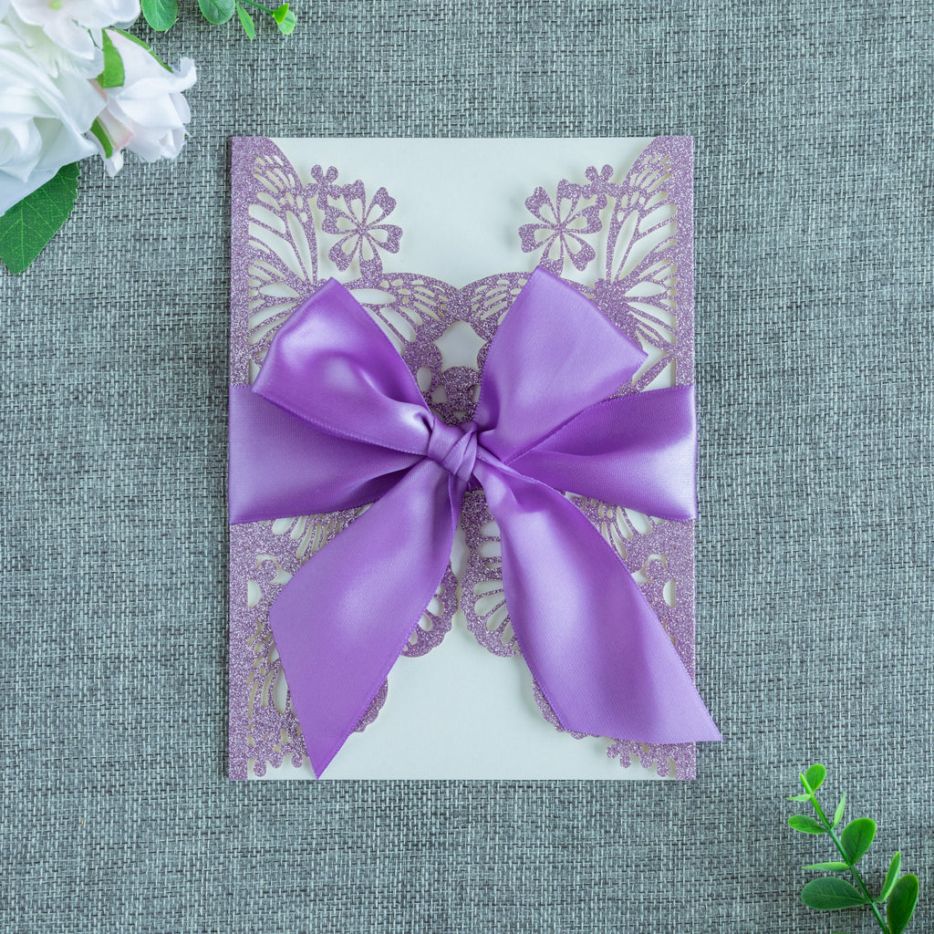 PONATIA Purple Glitter Butterfly Quinceanera Invitation, Laser Cut Wedding Invitation Cards with Envelopes