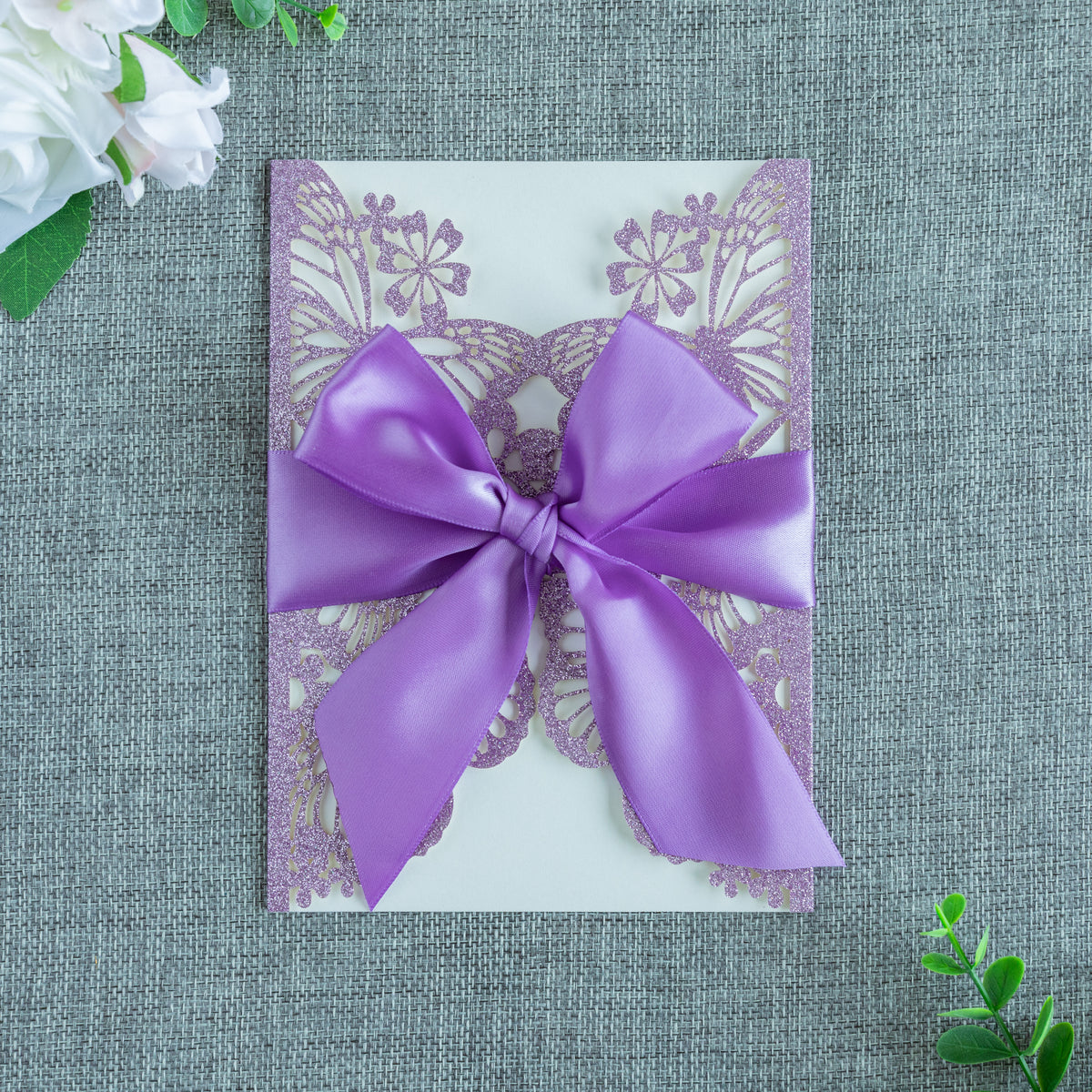 PONATIA Purple Glitter Butterfly Quinceanera Invitation, Laser Cut Wedding Invitation Cards with Envelopes
