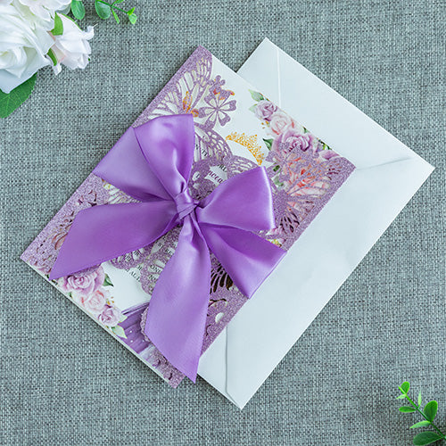 PONATIA Purple Glitter Butterfly Quinceanera Invitation, Laser Cut Wedding Invitation Cards with Envelopes
