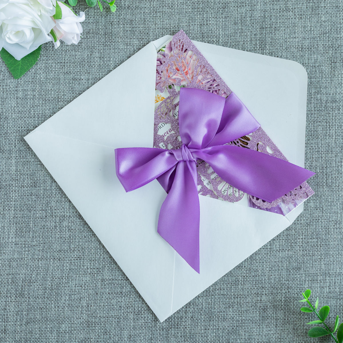 PONATIA Purple Glitter Butterfly Quinceanera Invitation, Laser Cut Wedding Invitation Cards with Envelopes