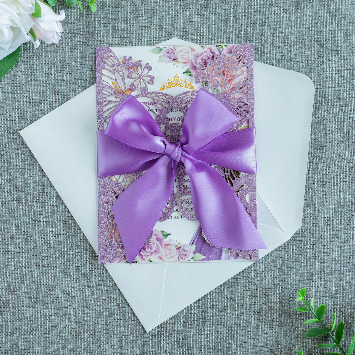PONATIA Purple Glitter Butterfly Quinceanera Invitation, Laser Cut Wedding Invitation Cards with Envelopes