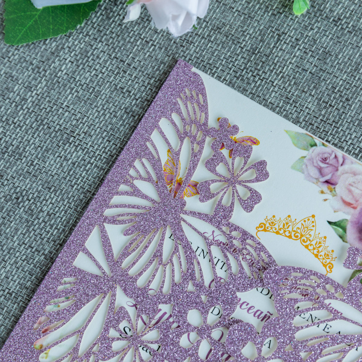 PONATIA Purple Glitter Butterfly Quinceanera Invitation, Laser Cut Wedding Invitation Cards with Envelopes