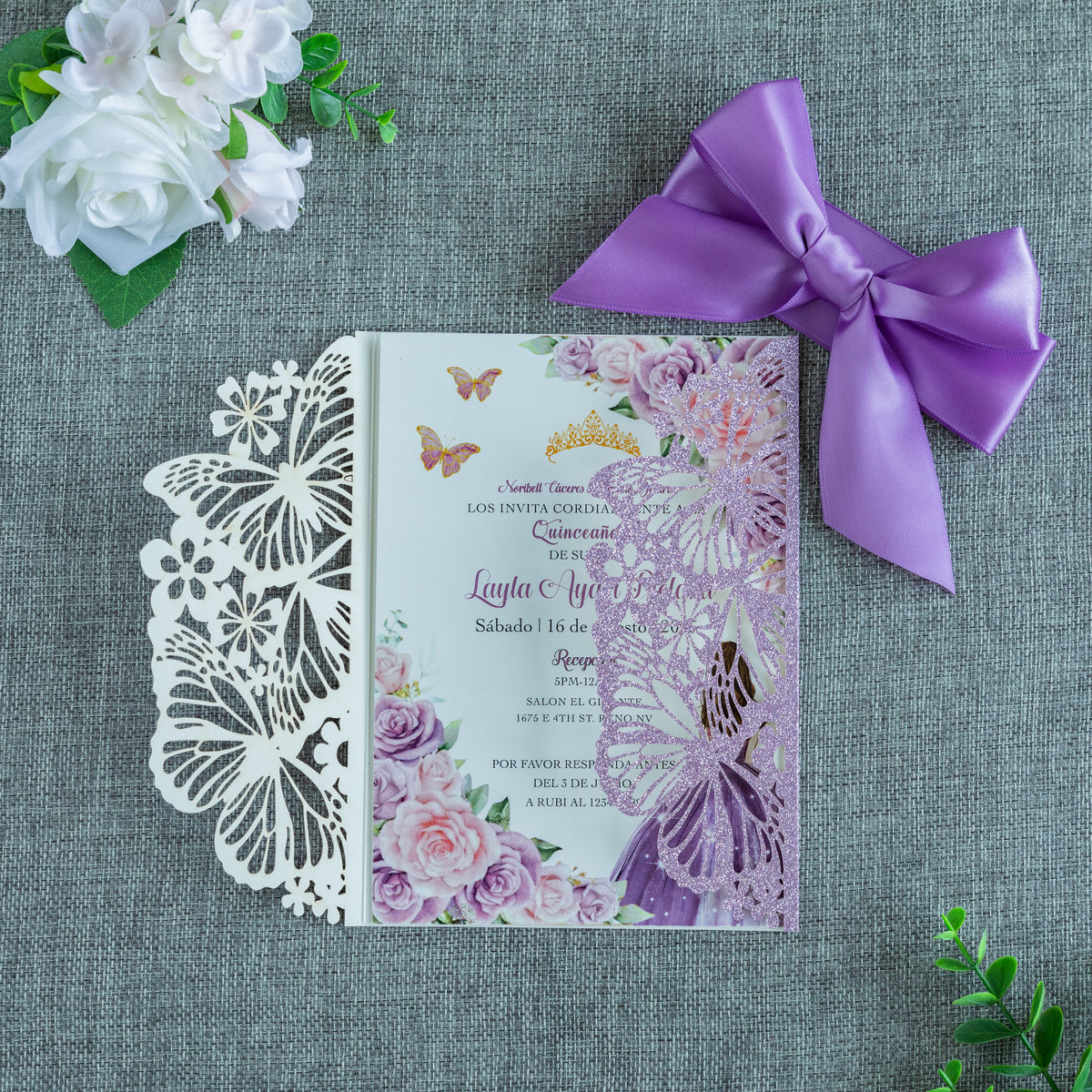 PONATIA Purple Glitter Butterfly Quinceanera Invitation, Laser Cut Wedding Invitation Cards with Envelopes
