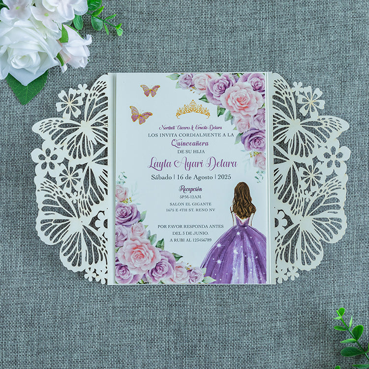 PONATIA Purple Glitter Butterfly Quinceanera Invitation, Laser Cut Wedding Invitation Cards with Envelopes