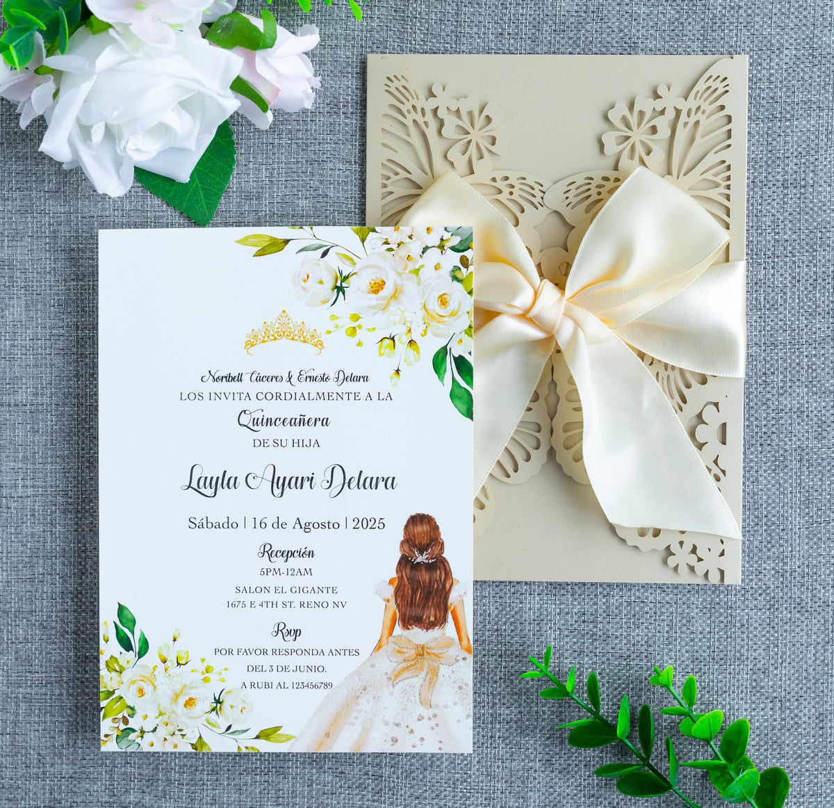 PONATIA Champagne Shinny Butterfly Quinceanera Invitation, Laser Cut Wedding Invitation Cards with Envelopes