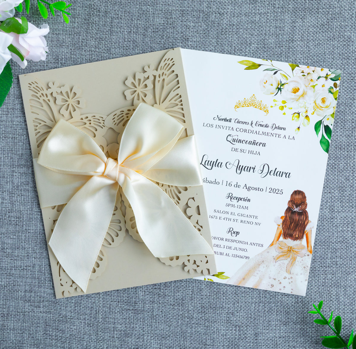 PONATIA Champagne Shinny Butterfly Quinceanera Invitation, Laser Cut Wedding Invitation Cards with Envelopes