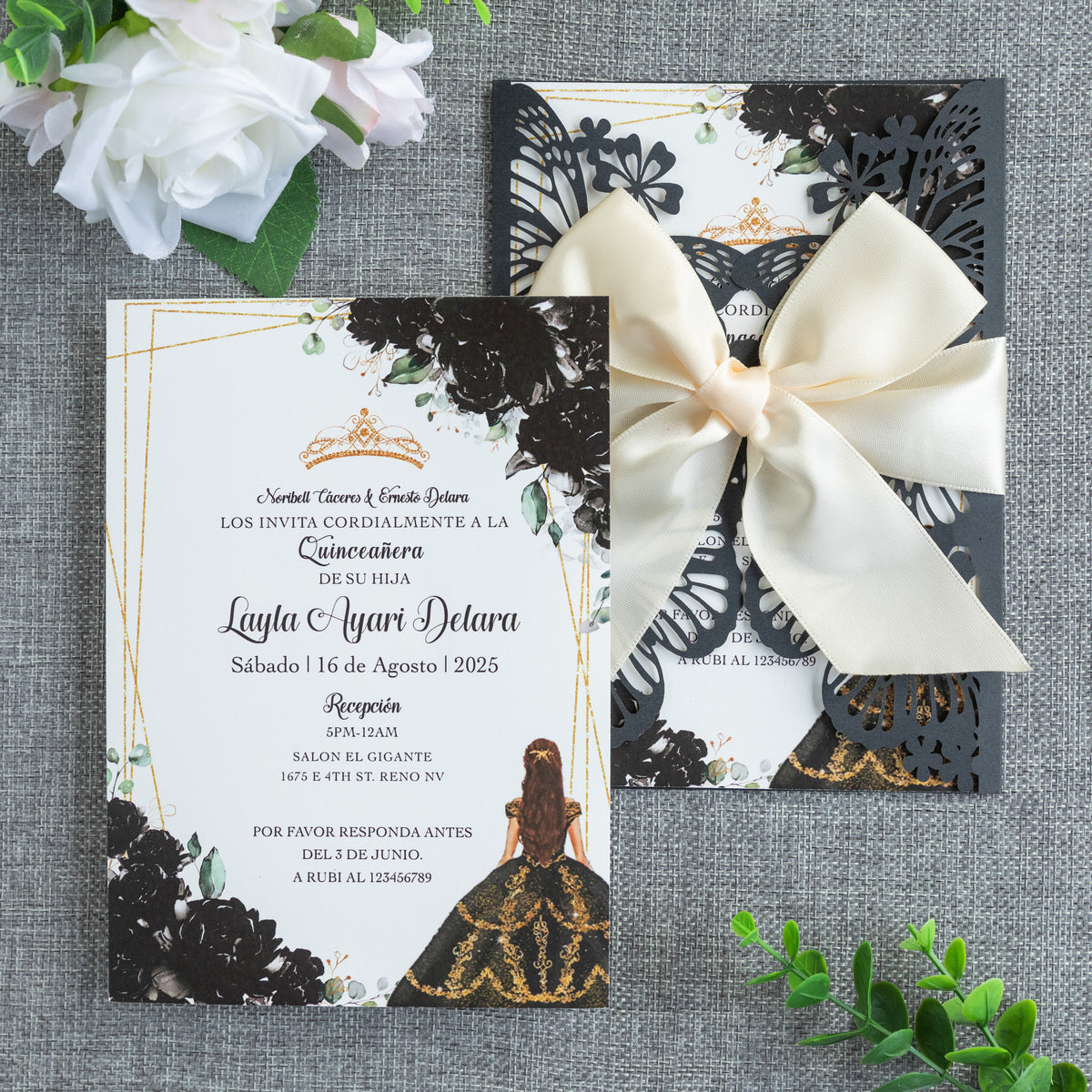 PONATIA Black Butterfly Quinceanera Invitation, Laser Cut Wedding Invitation Cards with Envelopes