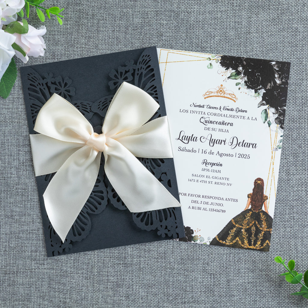 PONATIA Black Butterfly Quinceanera Invitation, Laser Cut Wedding Invitation Cards with Envelopes