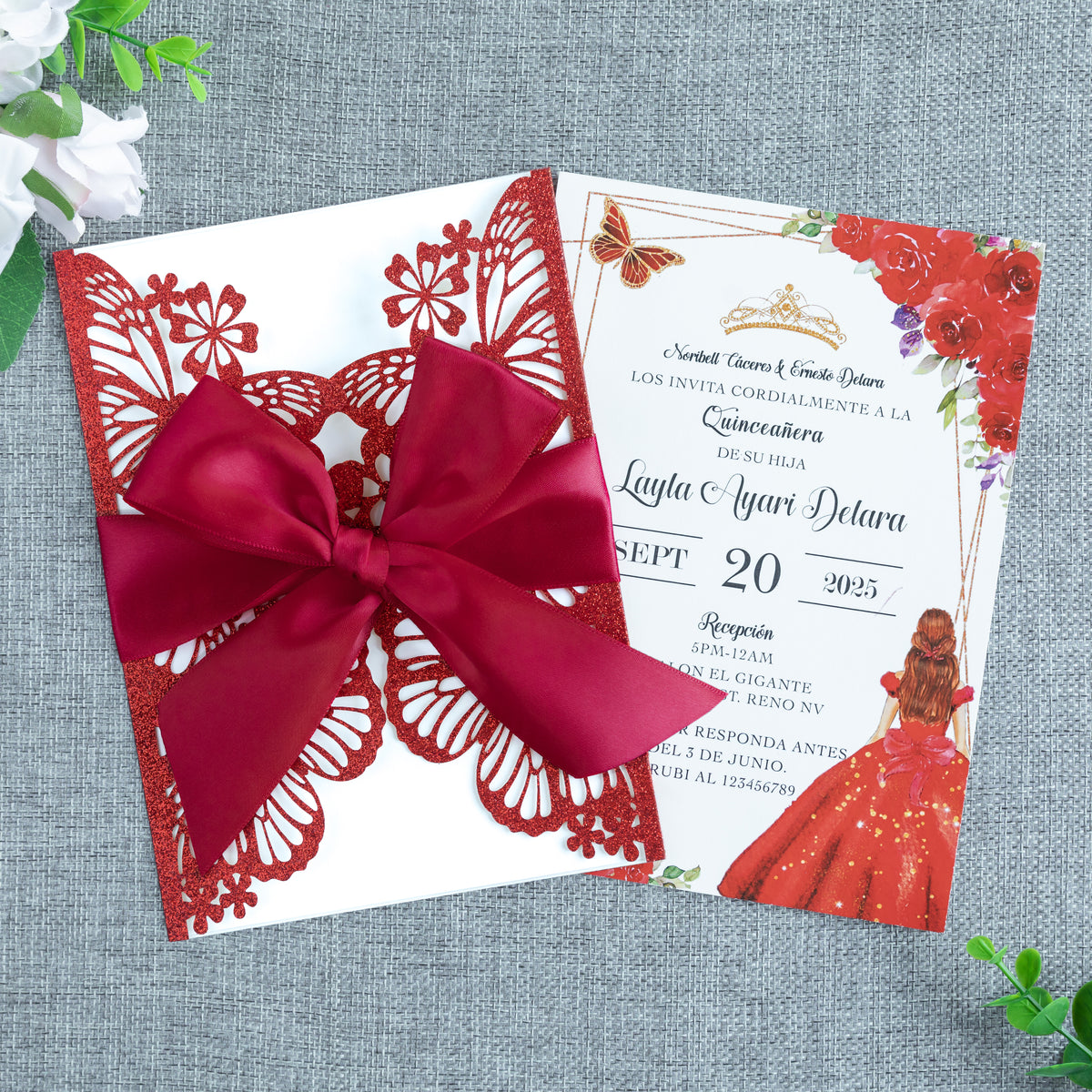 PONATIA Red Glitter Butterfly Quinceanera Invitation, Laser Cut Wedding Invitation Cards with Envelopes