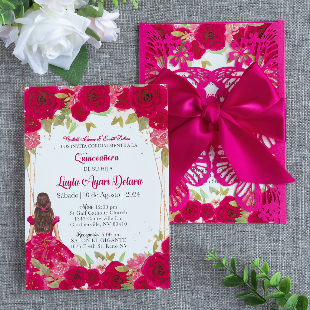 PONATIA Fuchsia Butterfly Quinceanera Invitation, Laser Cut Wedding Invitation Cards with Envelopes