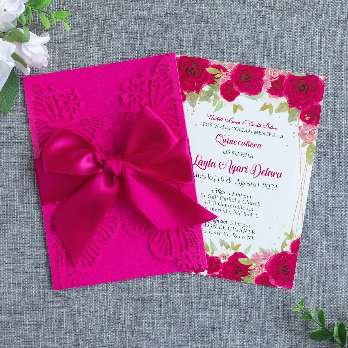 PONATIA Fuchsia Butterfly Quinceanera Invitation, Laser Cut Wedding Invitation Cards with Envelopes