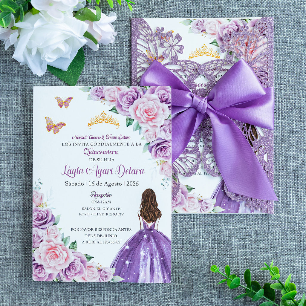 PONATIA Purple Glitter Butterfly Quinceanera Invitation, Laser Cut Wedding Invitation Cards with Envelopes