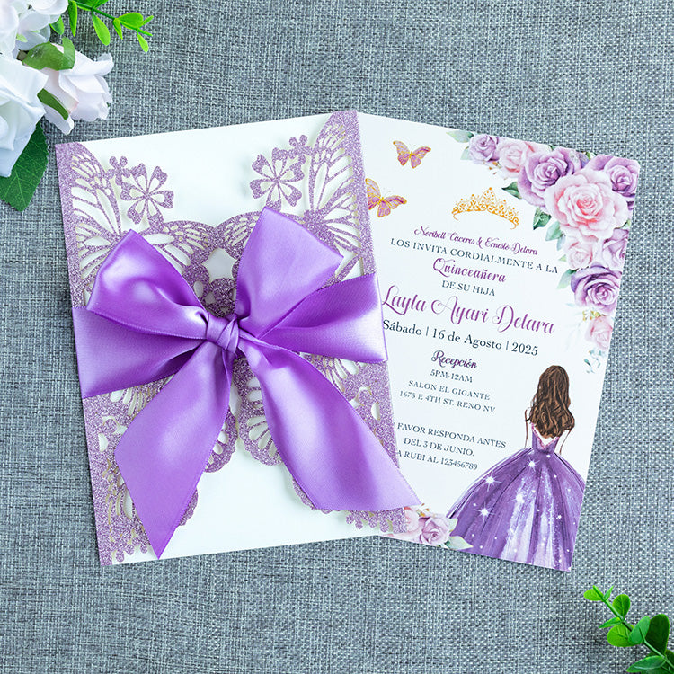 PONATIA Purple Glitter Butterfly Quinceanera Invitation, Laser Cut Wedding Invitation Cards with Envelopes