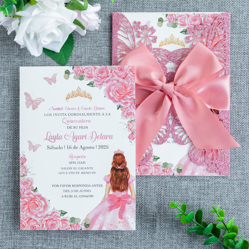 PONATIA Pink Glitter Butterfly Quinceanera Invitation, Laser Cut Wedding Invitation Cards with Envelopes