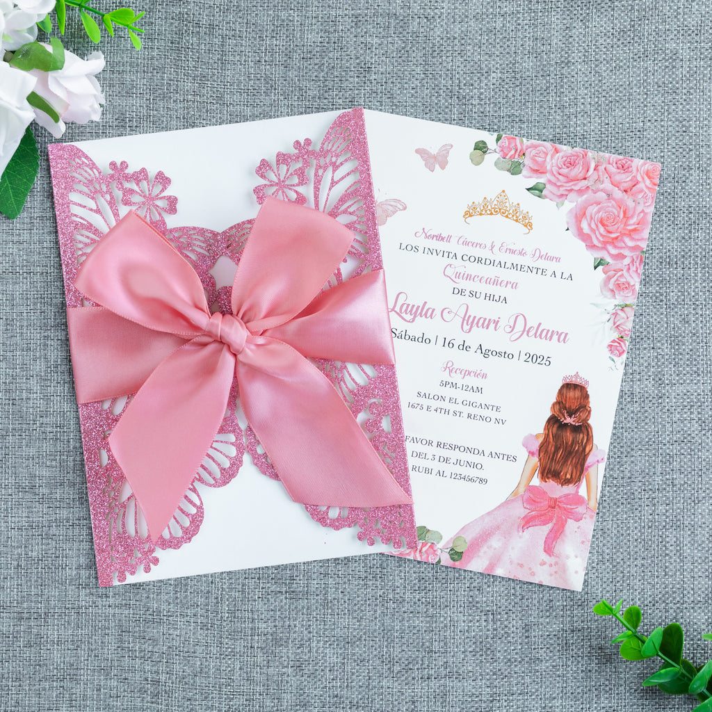 PONATIA Pink Glitter Butterfly Quinceanera Invitation, Laser Cut Wedding Invitation Cards with Envelopes