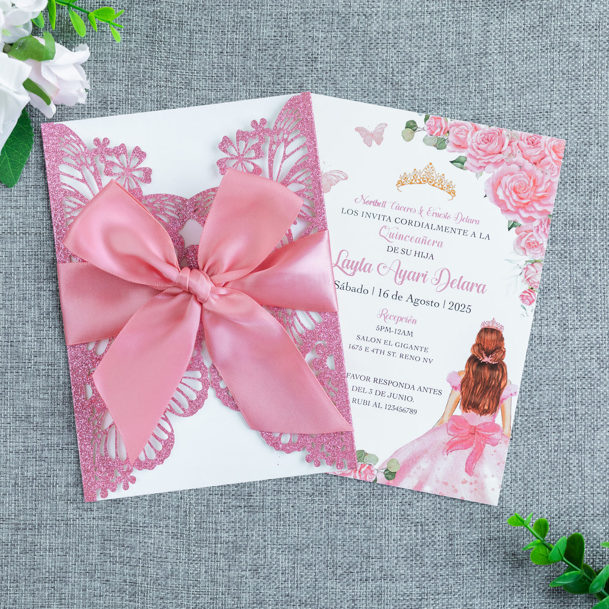 PONATIA Pink Glitter Butterfly Quinceanera Invitation, Laser Cut Wedding Invitation Cards with Envelopes