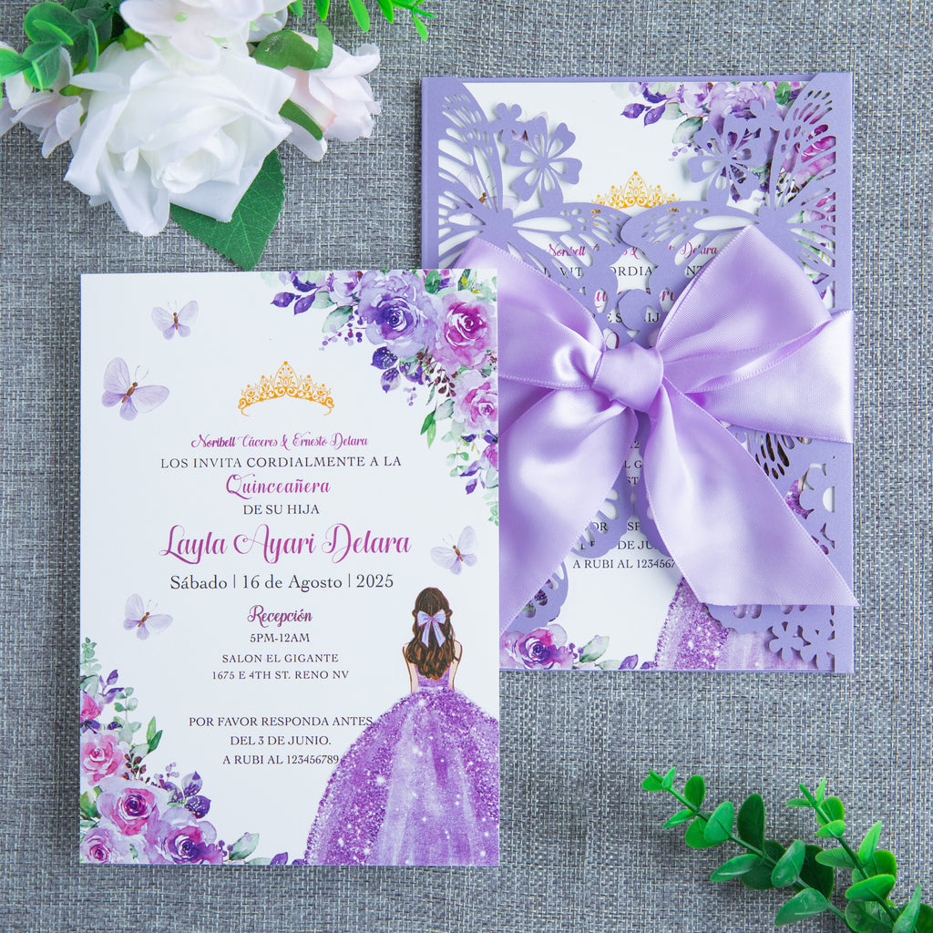 PONATIA Violet Butterfly Quinceanera Invitation, Laser Cut Wedding Invitation Cards with Envelopes