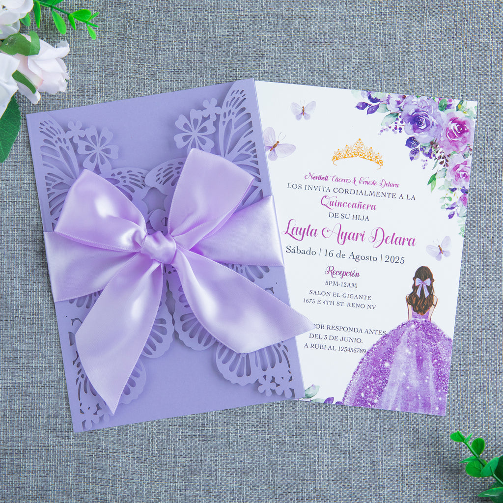 PONATIA Violet Butterfly Quinceanera Invitation, Laser Cut Wedding Invitation Cards with Envelopes
