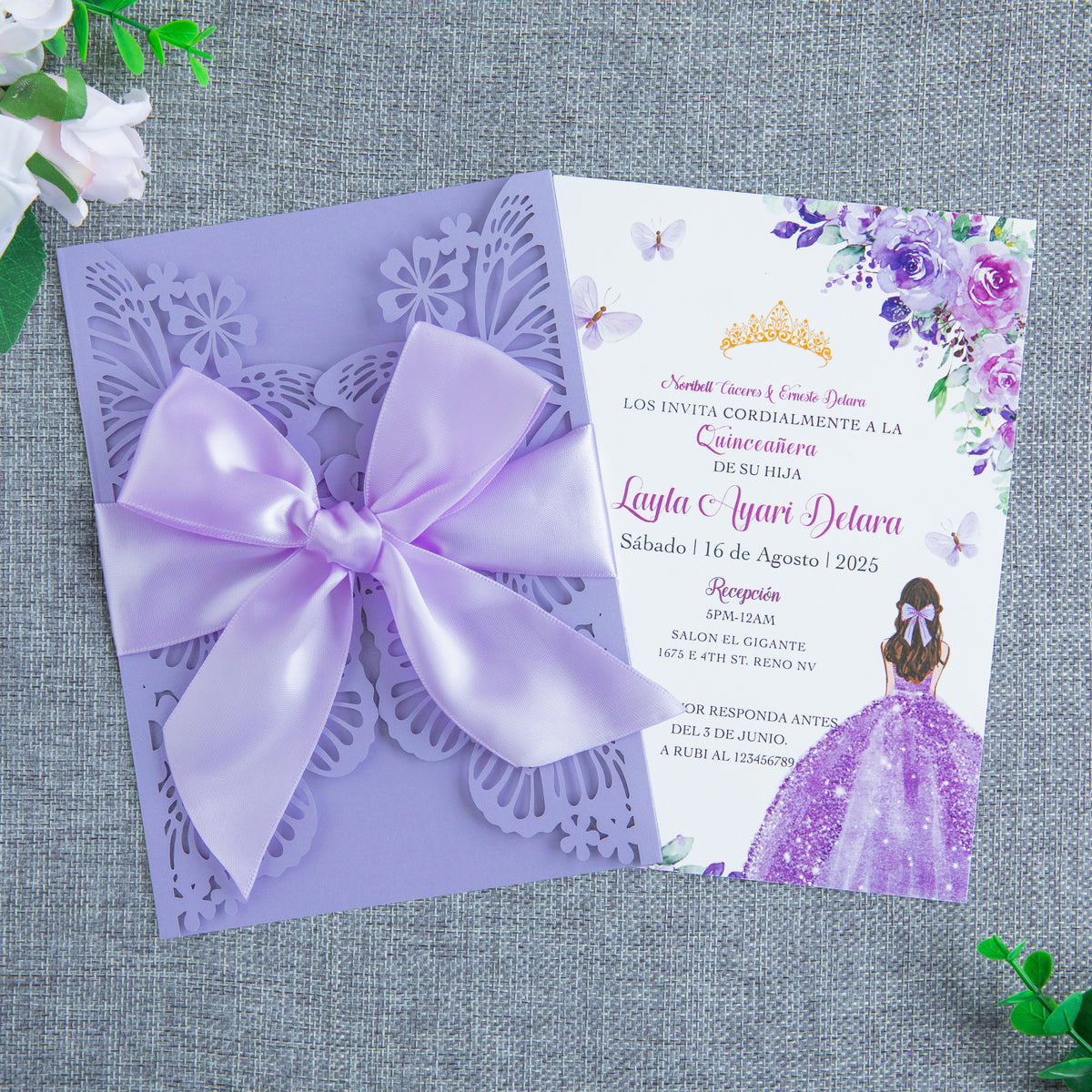PONATIA Violet Butterfly Quinceanera Invitation, Laser Cut Wedding Invitation Cards with Envelopes