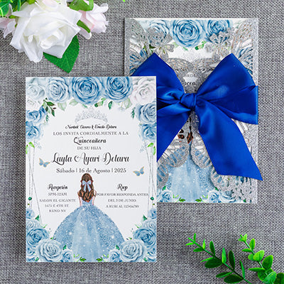 PONATIA Sliver Glitter Butterfly Quinceanera Invitation, Laser Cut Wedding Invitation Cards with Envelopes