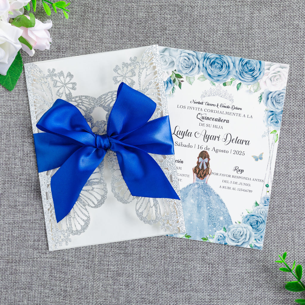 PONATIA Sliver Glitter Butterfly Quinceanera Invitation, Laser Cut Wedding Invitation Cards with Envelopes