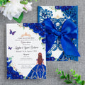 PONATIA Blue Glitter Butterfly Quinceanera Invitation, Laser Cut Wedding Invitation Cards with Envelopes