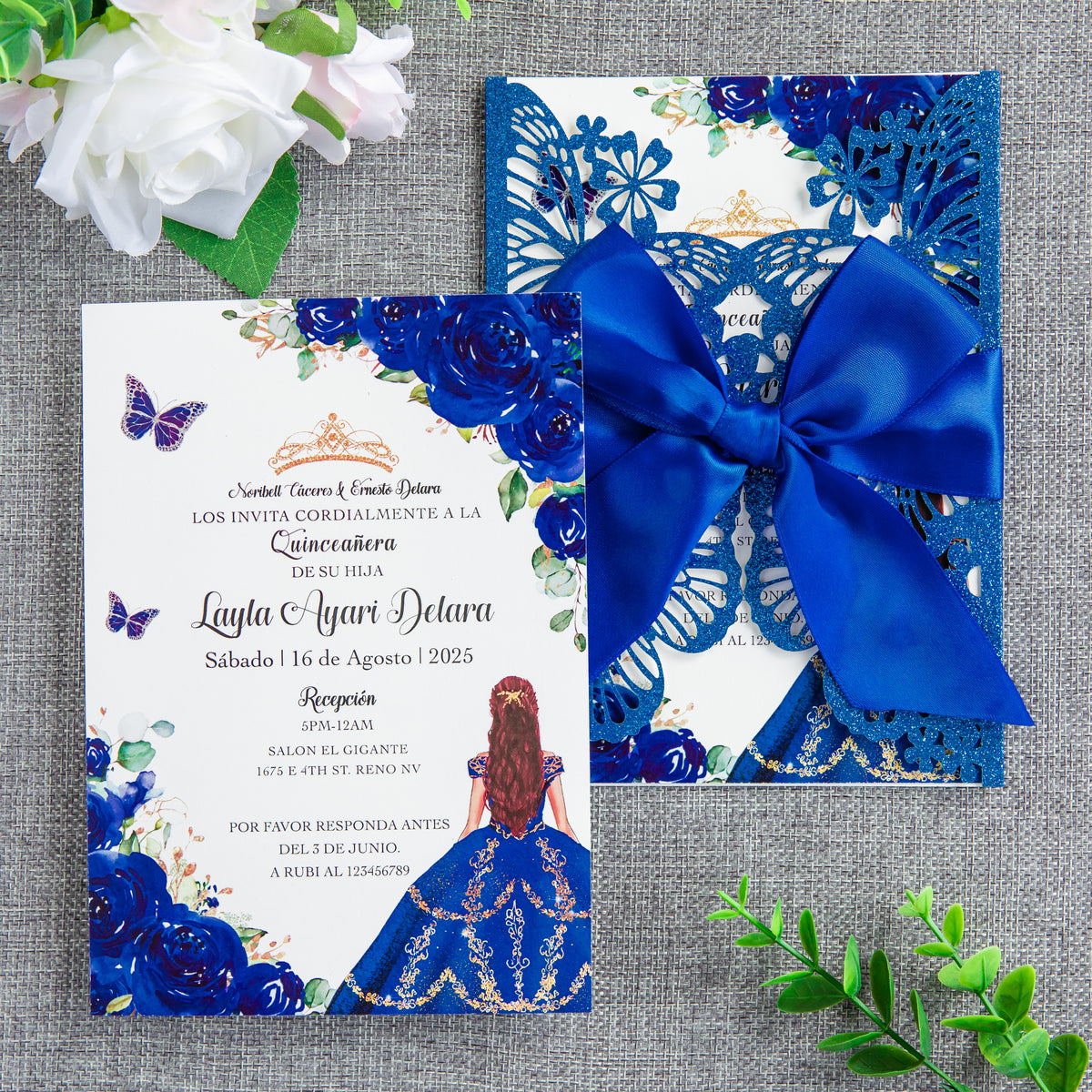 PONATIA Blue Glitter Butterfly Quinceanera Invitation, Laser Cut Wedding Invitation Cards with Envelopes