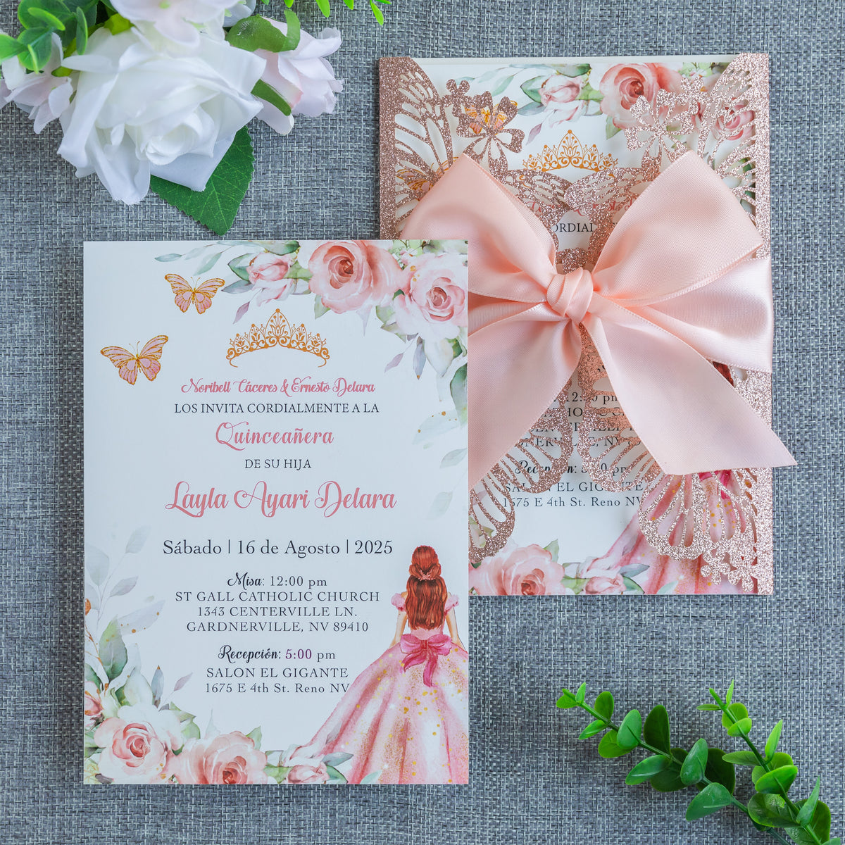 PONATIA Rose Gold Glitter Butterfly Quinceanera Invitation, Laser Cut Wedding Invitation Cards with Envelopes