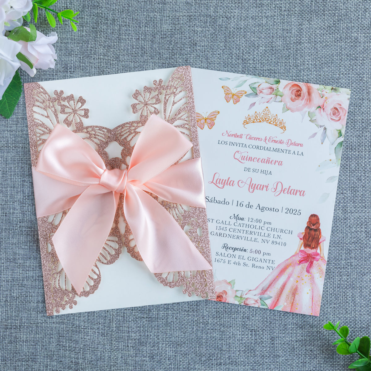 PONATIA Rose Gold Glitter Butterfly Quinceanera Invitation, Laser Cut Wedding Invitation Cards with Envelopes