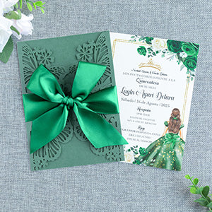 PONATIA Emerald Green Butterfly Quinceanera Invitation, Laser Cut Wedding Invitation Cards with Envelopes