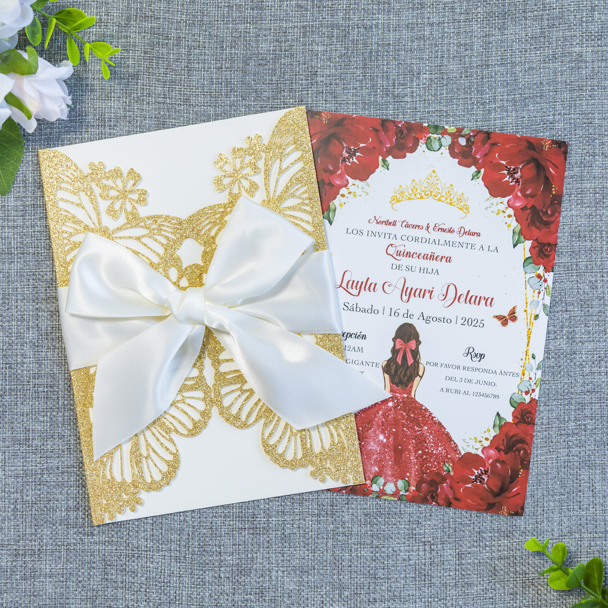 PONATIA Golden Glitter Butterfly Quinceanera Invitation, Laser Cut Wedding Invitation Cards with Envelopes
