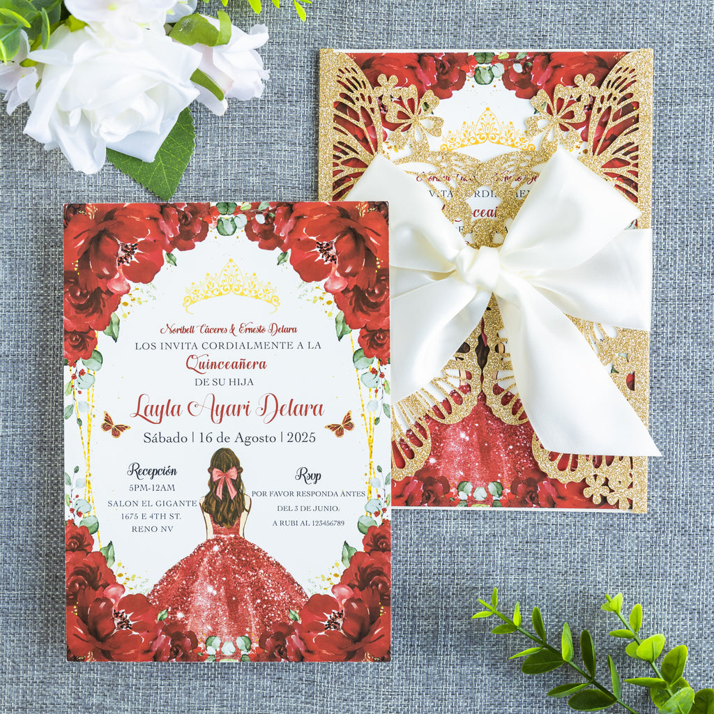 PONATIA Golden Glitter Butterfly Quinceanera Invitation, Laser Cut Wedding Invitation Cards with Envelopes
