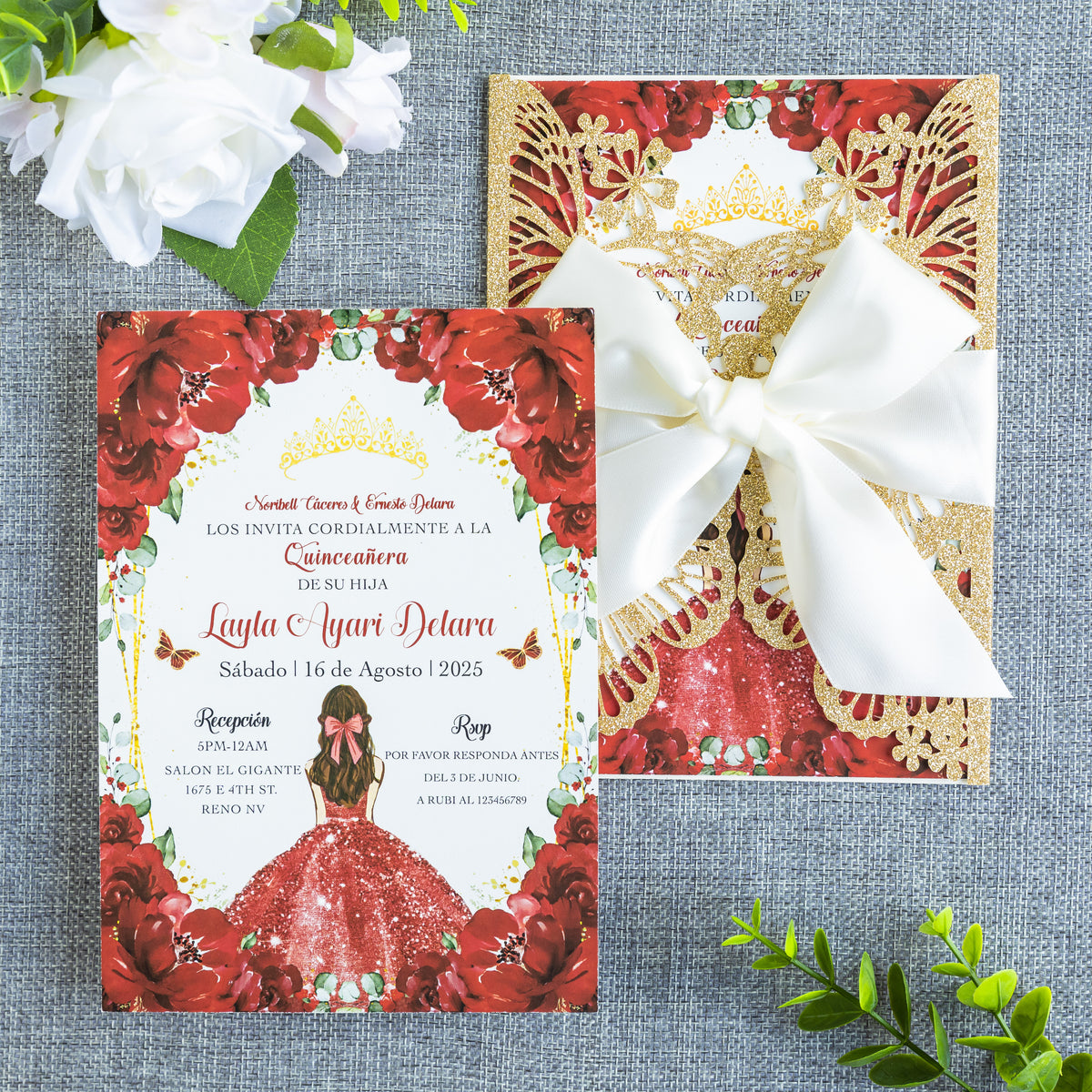 PONATIA Golden Glitter Butterfly Quinceanera Invitation, Laser Cut Wedding Invitation Cards with Envelopes