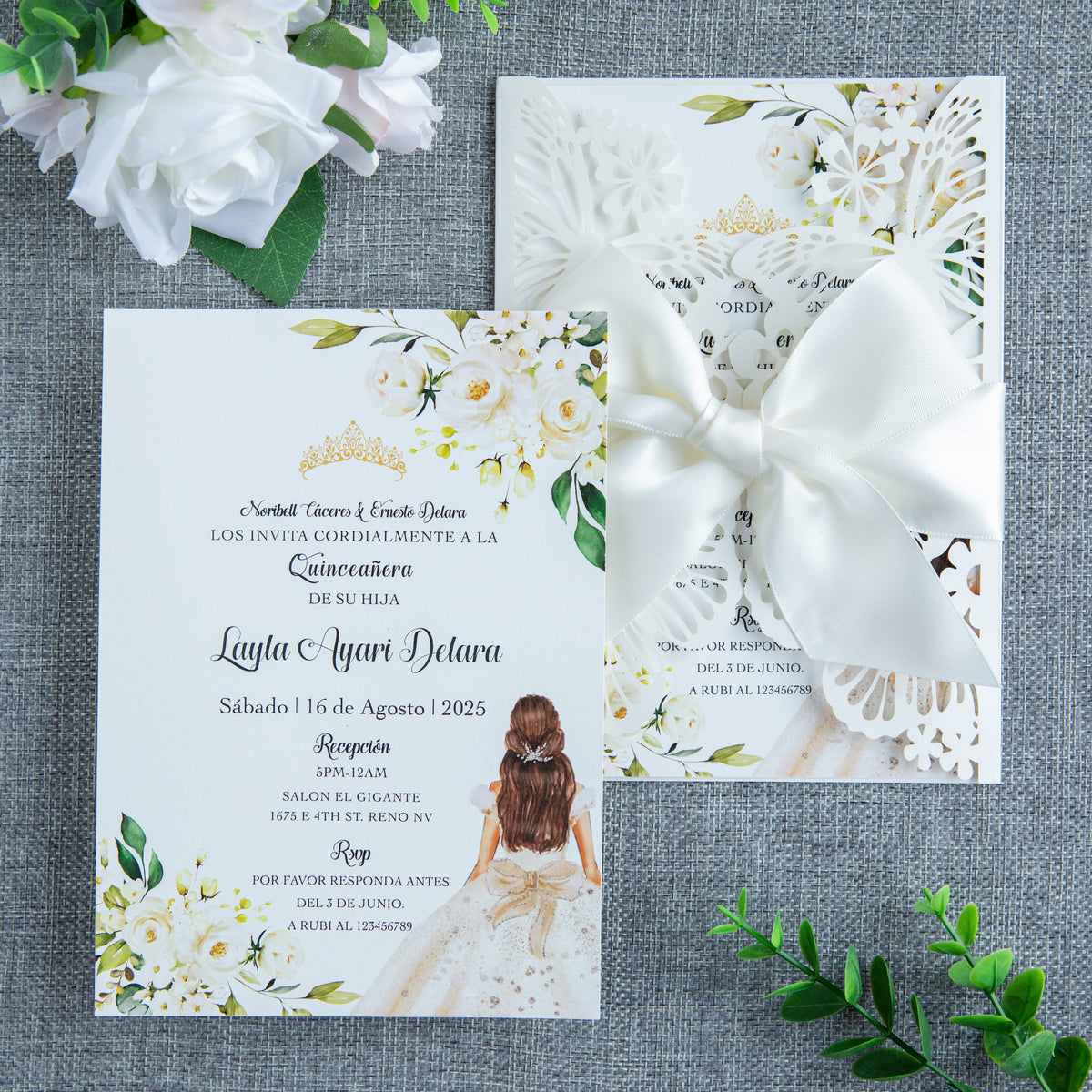 PONATIA Ivory Butterfly Quinceanera Invitation, Laser Cut Wedding Invitation Cards with Envelopes