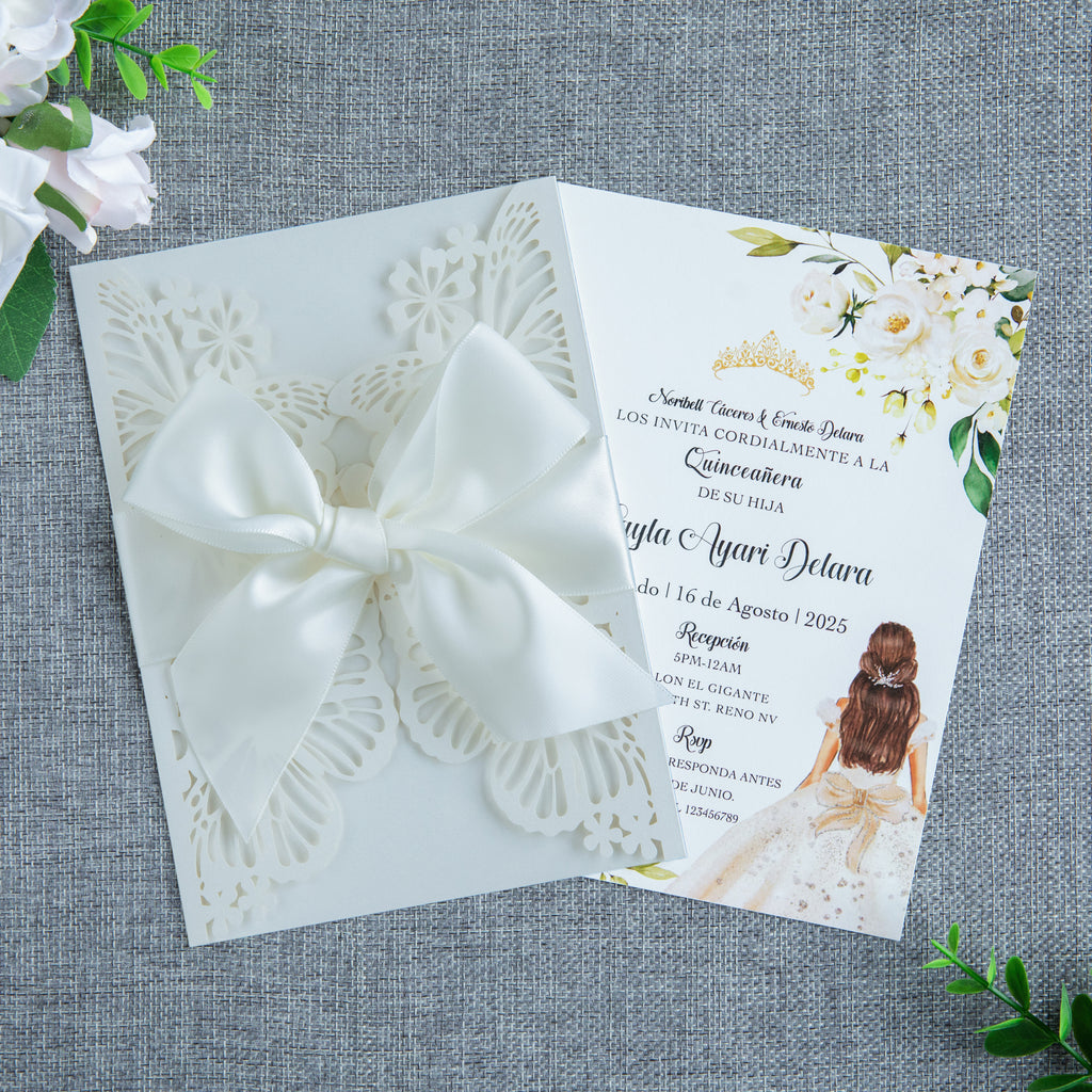 PONATIA Ivory Butterfly Quinceanera Invitation, Laser Cut Wedding Invitation Cards with Envelopes