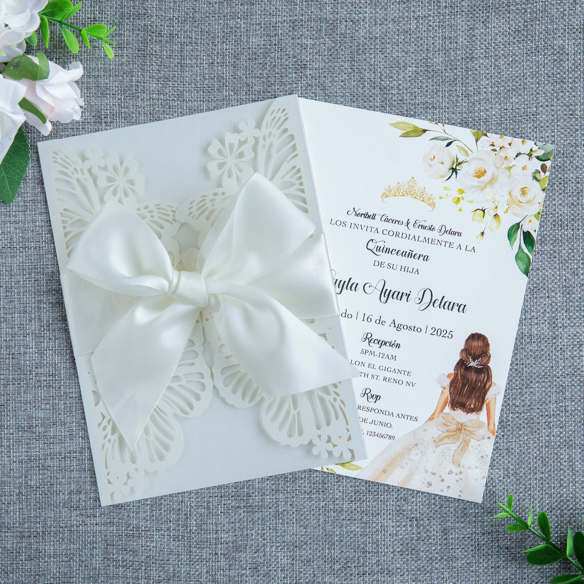 PONATIA Ivory Butterfly Quinceanera Invitation, Laser Cut Wedding Invitation Cards with Envelopes