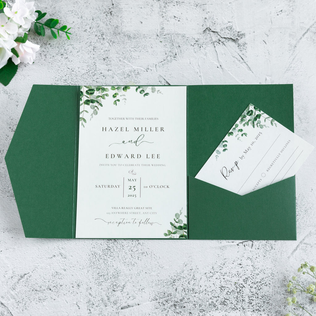 PONATIA 20 PCS Emerald Green Tri-fold Wedding Invitation Pockets for 5x7 Wedding Cards