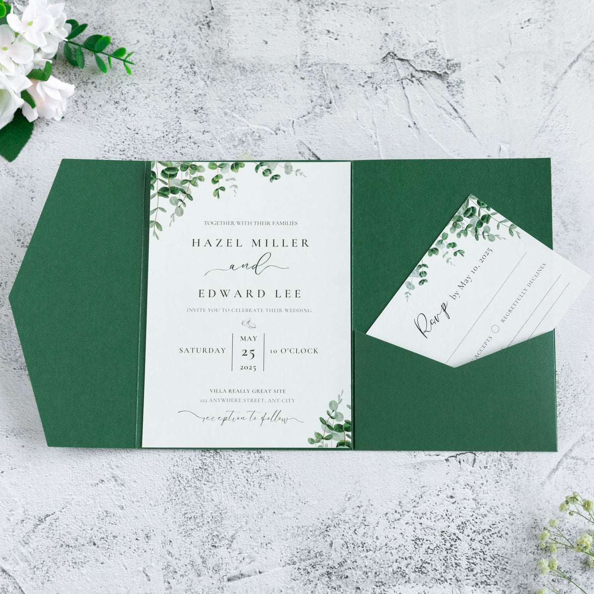 PONATIA 20 PCS Emerald Green Tri-fold Wedding Invitation Pockets for 5x7 Wedding Cards
