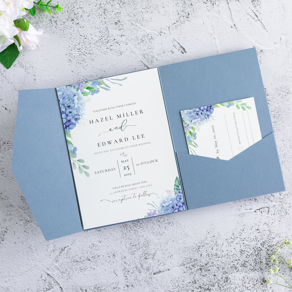 PONATIA 20 PCS Dusty Blue Tri-fold Wedding Invitation Pockets for 5x7 Wedding Cards