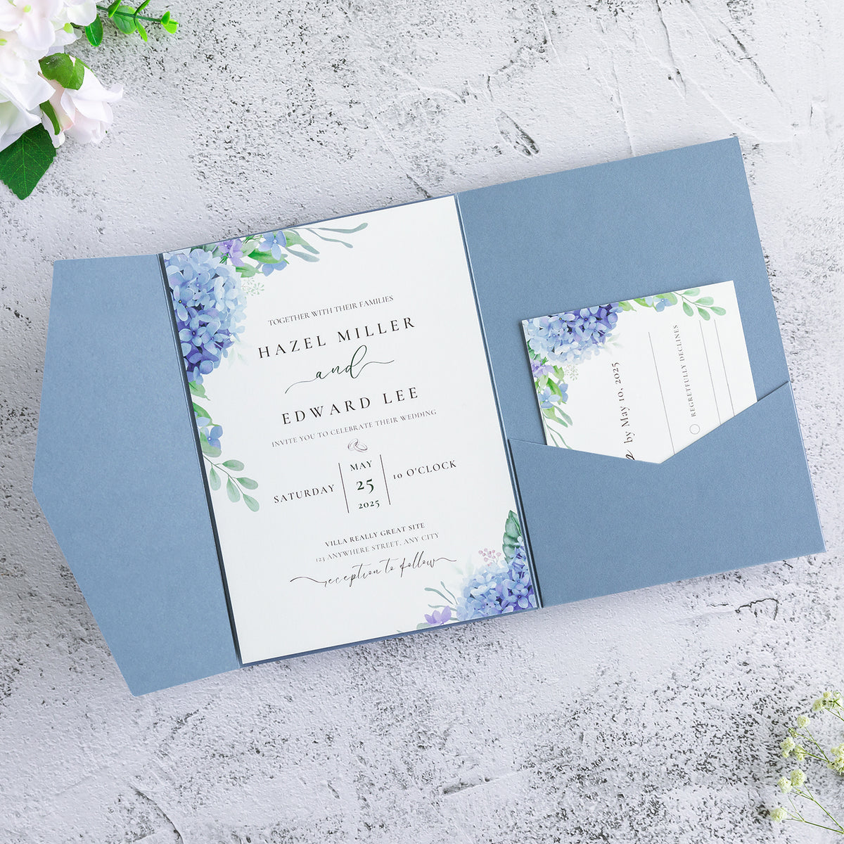 PONATIA 20 PCS Dusty Blue Tri-fold Wedding Invitation Pockets for 5x7 Wedding Cards
