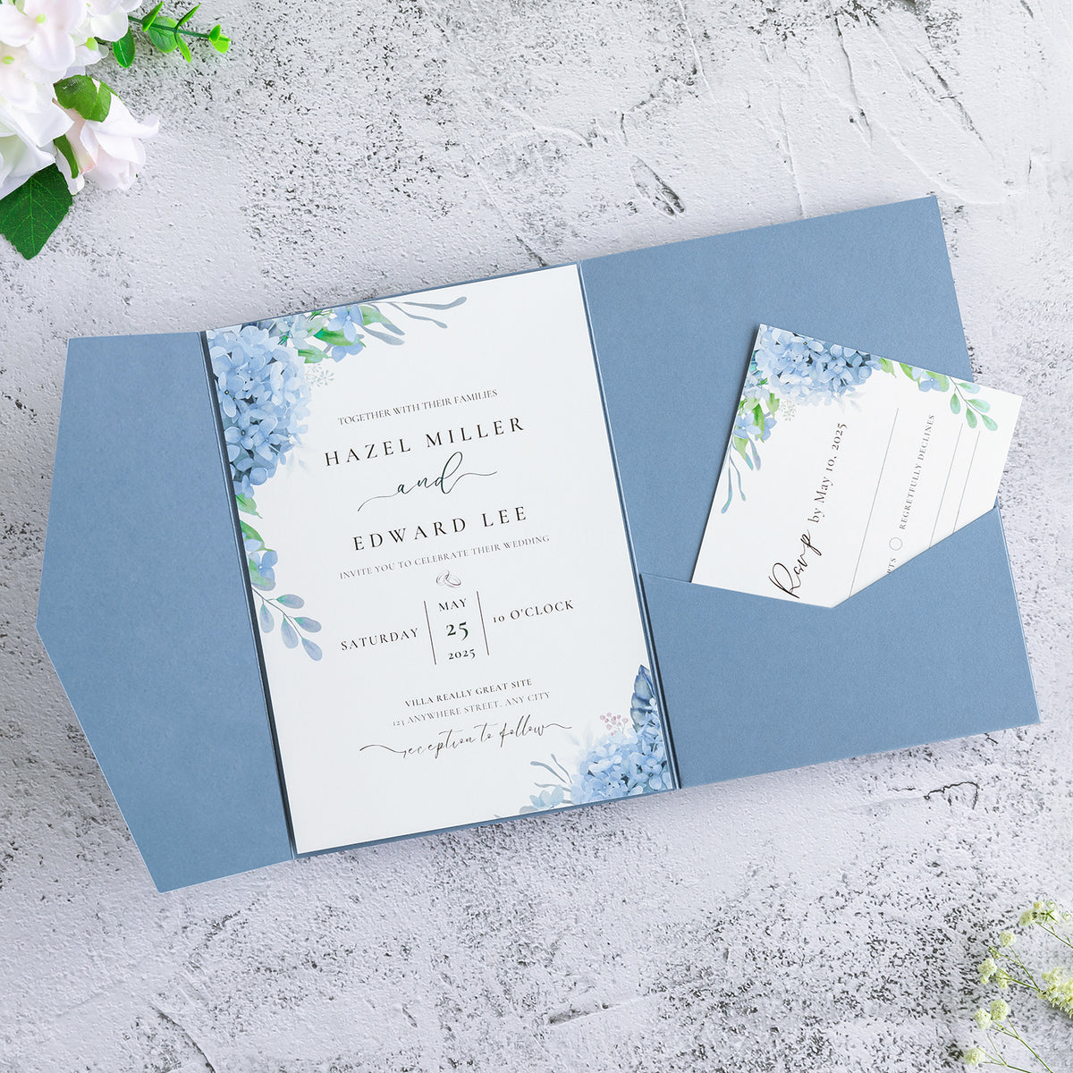 PONATIA 20 PCS Dusty Blue Tri-fold Wedding Invitation Pockets for 5x7 Wedding Cards