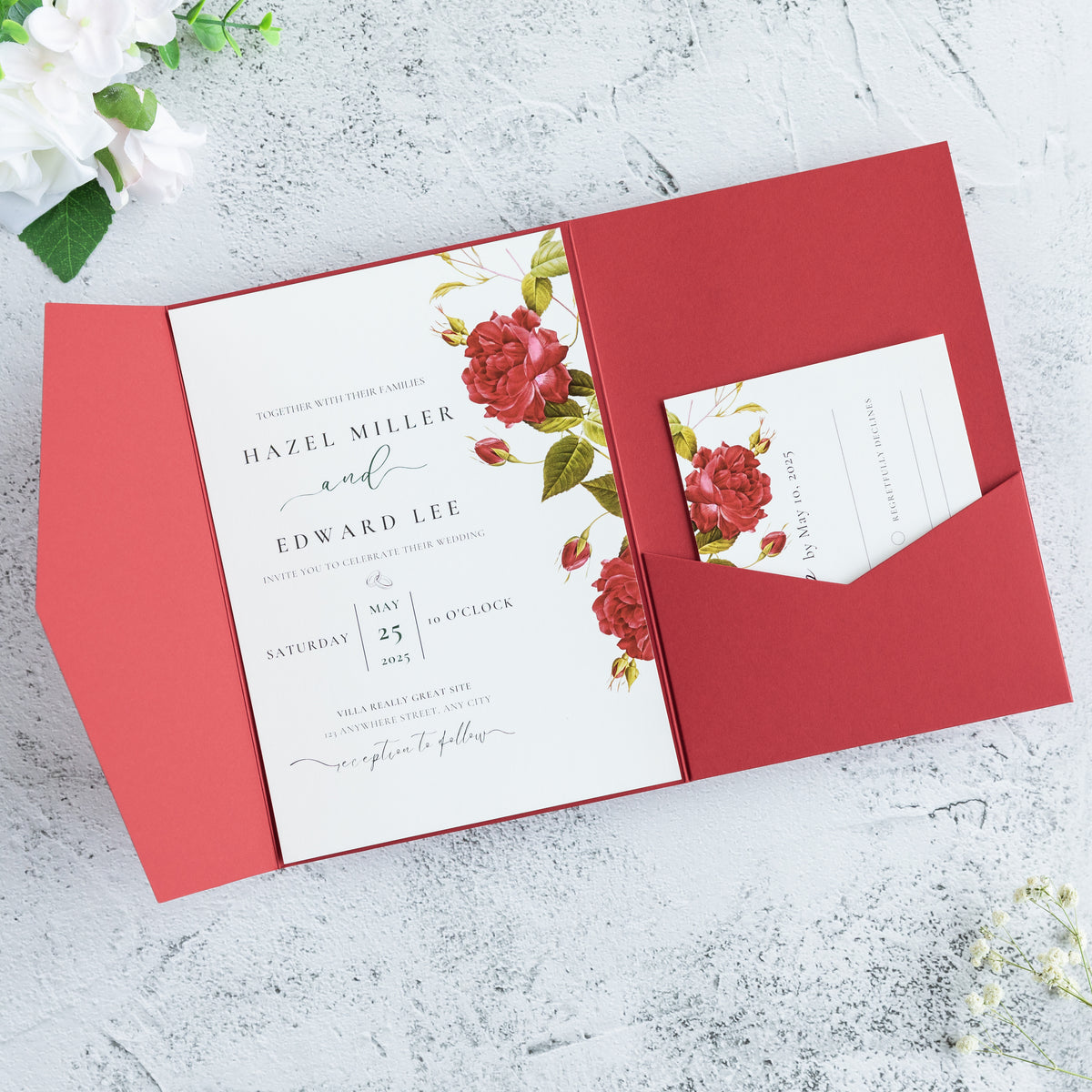 PONATIA 20 PCS Red Tri-fold Wedding Invitation Pockets for 5x7 Wedding Cards
